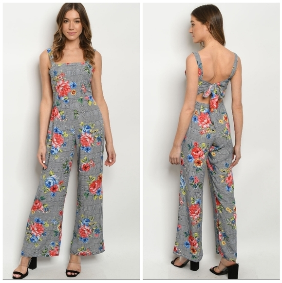 Pants - Navy Checkered Floral Jumpsuit Tie Back